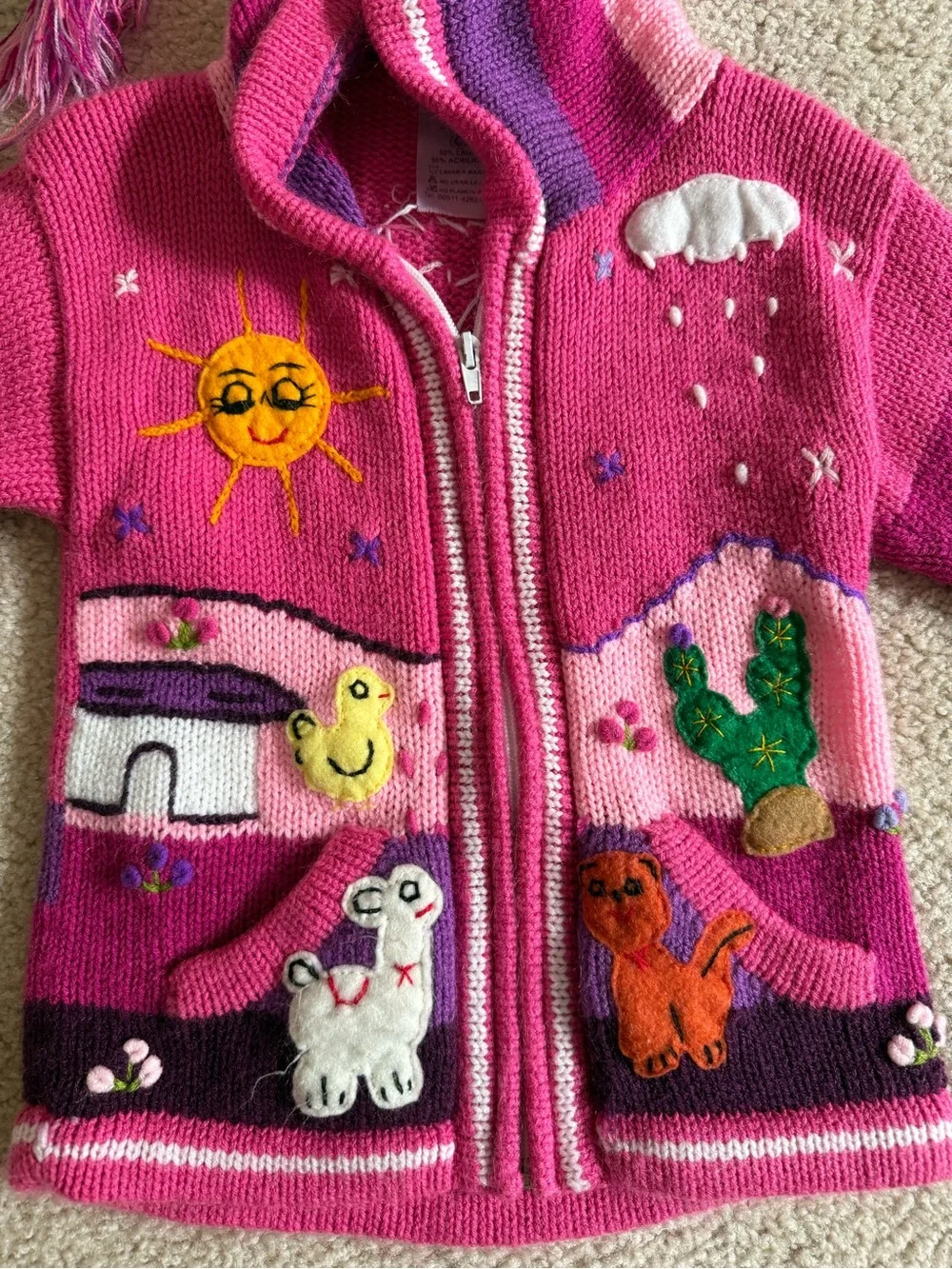 Girls' Pink Striped Hooded Knit Sweater with Animal Appliqués